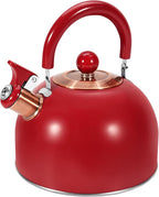 GGC 2.6QT Tea Kettle for Stove Tops, Whistling Tea Kettles for Boiling Water Coffee or Milk, Red Stainless Steel Tea Pots with Folding Handle, Thumb Design Control Kettle Outlet