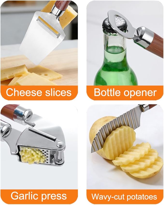 7-Piece Kitchen Tools and Gadgets Set with Wood Imitation Handle BRIIEC Stainless Steel Cooking Utensils Kitchen Accessories Includes Can Opener Garlic Press Peeler