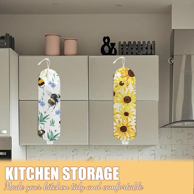 2 Pcs Bee Plastic Bag Holder, Sunflower Grocery Bag Holder Plastic Storage bag, Large Washable Grocery Bags Storage Dispenser for Home Kitchen Pantry Decor, Flower Gifts for Women Mom Grandma