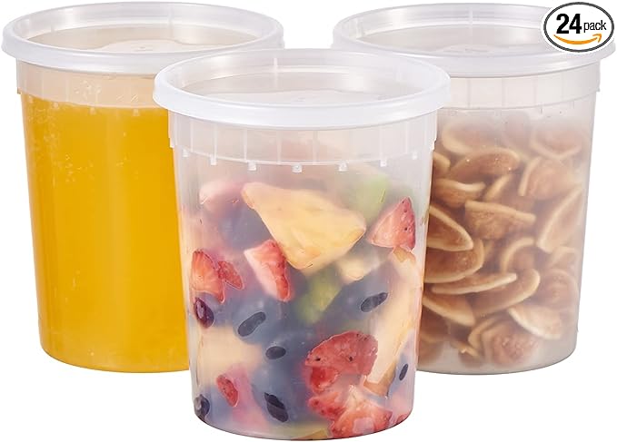 [32 oz. -24 Sets ] Plastic Deli Food Storage Soup Togo Containers With Airtight Lids Clear Disposable Takeout Quart Container Freezer Safe | Meal Prep | Stackable | Leakproof | BPA Free | Microwavable
