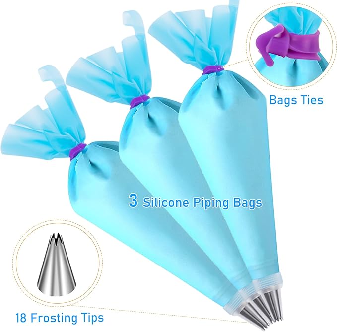 Piping Bags and Tips Set, Cakes Decorating Kit Supplies with 3 Reusable Pastry Bags, 18 Frosting Tips, 3 Couplers, 3 Bag Ties, 3 Cake Scraper, 1 Cake Decorating Tools for Cookie Icing
