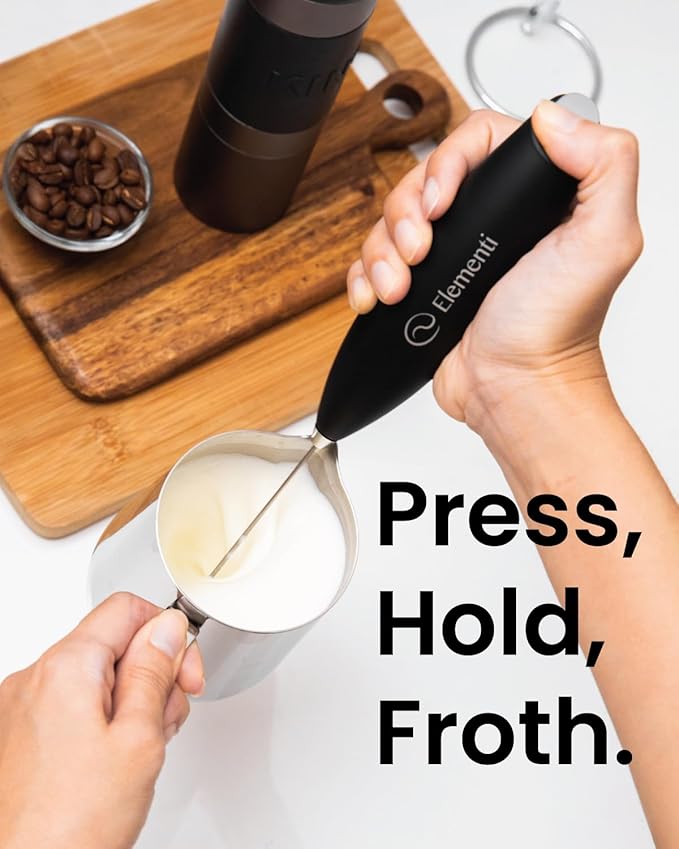 Elementi Portable Milk Frother & Stand – Compact Mixer for Powdered Drinks and Coffee, Electric Whisk Hand Blender, Specialty Kitchen Appliance (Pumpkin Orange)