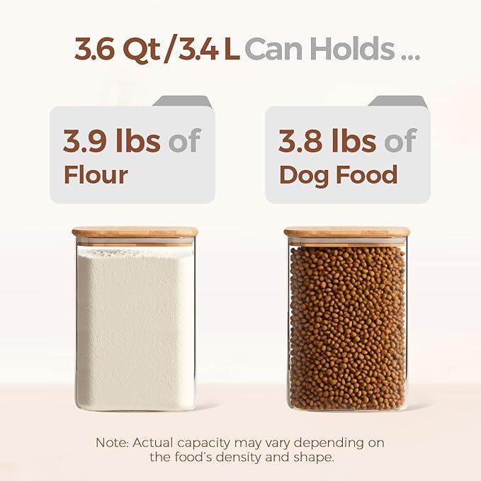 ComSaf 3.6 Qt Glass Food Storage Containers Set of 2, Large Storage Containers with Lids, Square Glass Jars with Lids, for Flour and Sugar, Cereal, Rice, Pasta, Oats, Coffee Beans