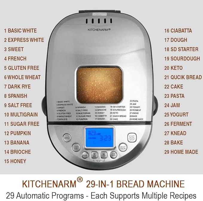 KITCHENARM 29-in-1 SMART Bread Machine with Gluten Free Setting 2LB 1.5LB 1LB Bread Maker Machine with Homemade Cycle - Stainless Steel Breadmaker with Recipes Whole Wheat Bread Making Machine