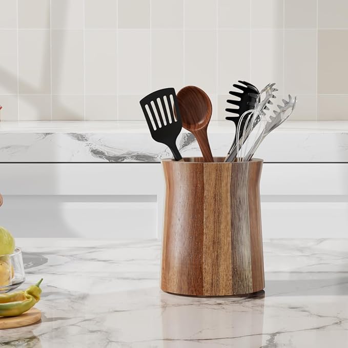 Utensil Holder, Acacia Wood Utensil Holder for Kitchen Counter, 360° Rotating Cooking Utensil Crocks for Countertop, 7.2" Large Utensil Organizer for Spatula Storage
