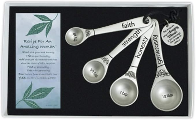 Amazing Woman Measuring Spoon Set, Decorative Gifts and Kitchen Accessories, 4 Spoons, Engraved Pewter and Silver Enamel, By Abbey & CA Gift