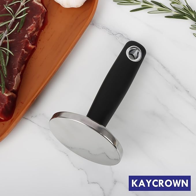 KAYCROWN Meat Pounder Tenderizer, Stainless Steel Kitchen Meat Tenderizer Hammer, Round Chicken Flattener Tool with Comfortable-Grip Rubber Handle for Flattening Cutlets and Tenderizing Meat