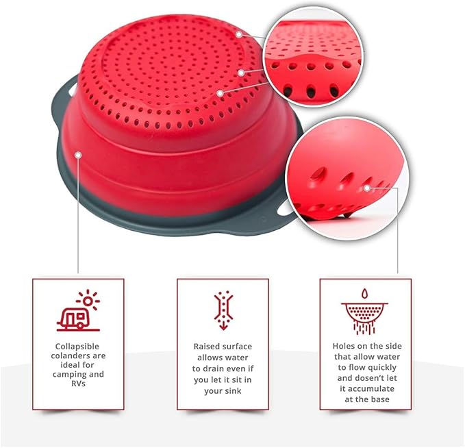 New and improved- Set of 3 Niklye Ultimate Kitchen Strainers—1×10” & 2×12” Collapsible Silicone Colanders. Now more durable and robust for everyday use with pasta, veggies, fruit & more.