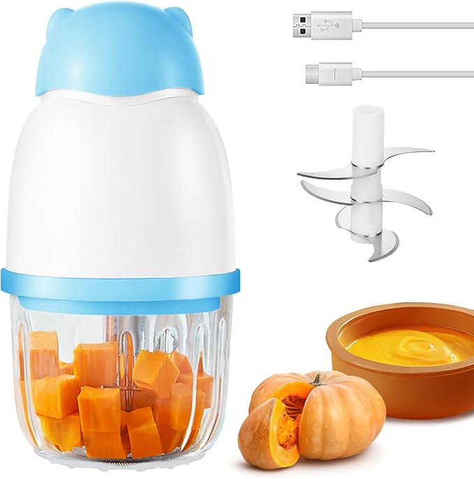 Baby Food Maker, Cordless Food Processor Puree Blender with 350ml Glass Bowl ＆ 6 Sharp Blades, Small Wireless Chopper Baby Puree Maker, Mini Rechargeable Chopper Kitchen Mixer for Fruit,Vegetable,Meat