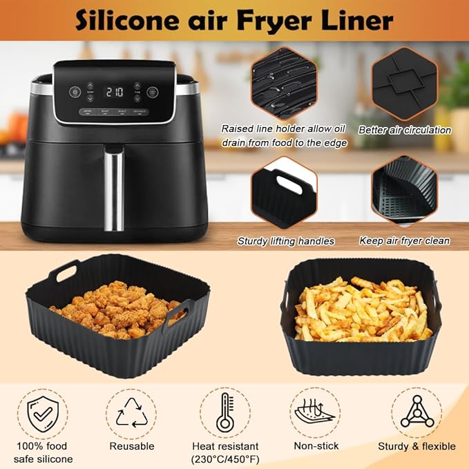 BYKITCHEN Air Fryer Silicone Liners for Ninja Air Fryer Pro 5 QT AF141, Ninja AG301, Cosori 5QT/6QT & Other 4.5-6.5 QT Airfryer, 8.5in Square Air Fry Liners, Airfryer Accessories(Set of 2)