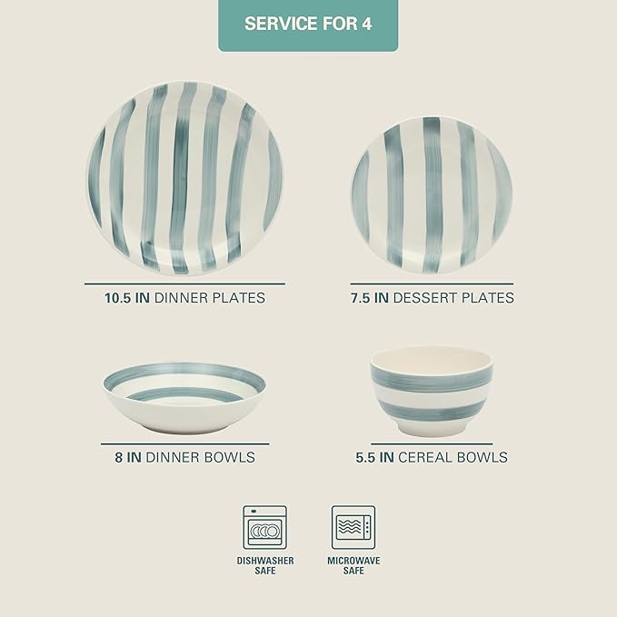 Gibson Home Kenwood Shores 16 Piece Dinnerware Set, Blue Striped, Hand-Painted Stoneware Dishes, Plates and Bowls, Service for 4, Microwave & Dishwasher Safe