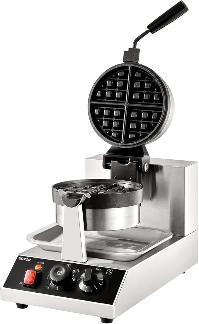VEVOR Commercial Waffle Maker, 1300W Round Waffle Iron, Non-Stick Rotatable Waffle Baker Machine With 122-572℉ Temp Range and Time Control, Teflon-Coated Baking Pan Stainless Steel Body 120V
