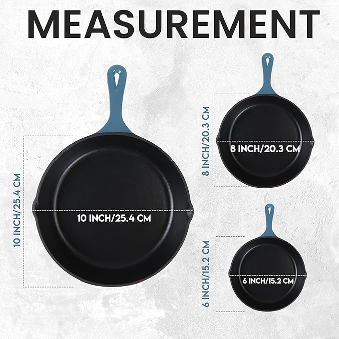 Utopia Kitchen Saute Fry Pan - Pre-Seasoned Cast Iron Skillet Set 3-Piece - Frying Pan - 6 Inch, 8 Inch and 10 Inch Cast Iron Set - Cooking Gift for Men & Women (Teal)