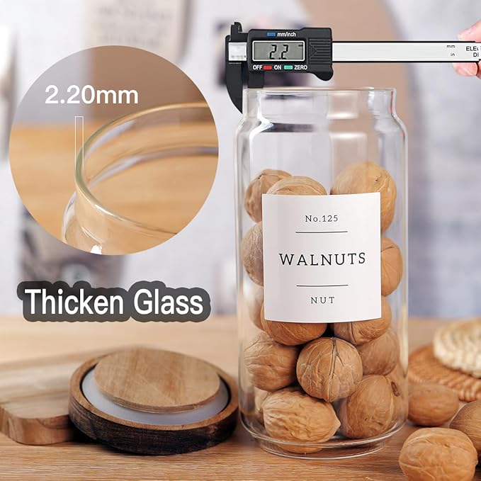 5 Set Glass Pantry Storage Jars with Acacia Airtight Lid - Thicken Glass Kitchen Canisters with 132 Pantry Labels - Clear Glass Food Storage Containers with Wood Lid for Tea,Sugar,Candy,Cookie,Pasta