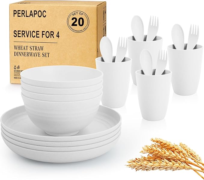 Wheat Straw Dinnerware Sets Service for 4, Unbreakable Kids Plates and Bowls Set 20 PCS, Microwave & Dishwasher Safe Dishes Set for Dinner, Kitchen, Camping, PV, Dorm - White