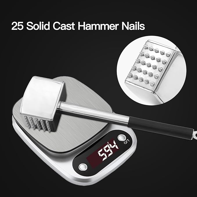 Meat Tenderizer, 304 Stainless Steel Meat Hammer, Heavy Duty Kitchen Meat Mallet,Four-sided Meat Tenderizer Tool, Meat Pounder for Tenderizing Steak, Beef, Chicken, Nut (1.31lb)