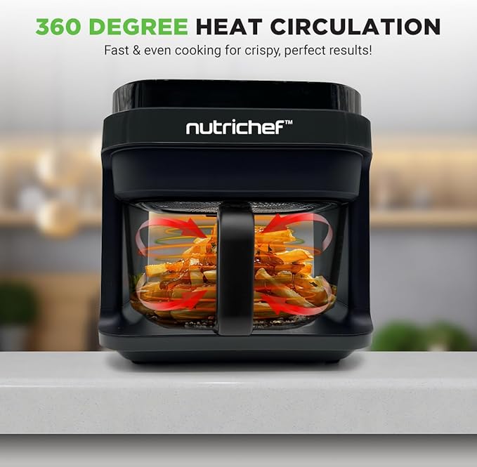 Nutrichef 5.8 Quart Air Fryer | 8-1 Preset Cook Modes | Transparent Fry Bowl for Best Cooking Results | Cook Shrimp, Steak, Fries, Wings, Chicken & More | Precise Temperature Control & Time | Grey