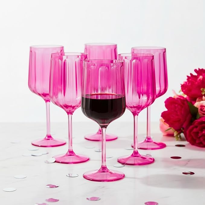 Khen Acrylic Lucia Stemmed Goblets - Unbreakable Wine Glasses Reusable Drinking Cups Dishwasher Safe Elegant Stemware for Cocktail Champagne | Kitchen Bar Party | Set of 6 |14oz | Coral