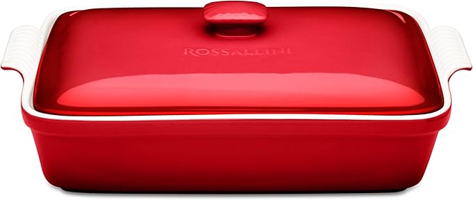 ROSSALLINI Stoneware Casserole Dish Bakeware Set with Lid, Covered Rectangular Dinnerware, Extra Large 4.23 Quart, 13 by 9 Inch, Deep Red