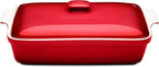 ROSSALLINI Stoneware Casserole Dish Bakeware Set with Lid, Covered Rectangular Dinnerware, Extra Large 4.23 Quart, 13 by 9 Inch, Deep Red