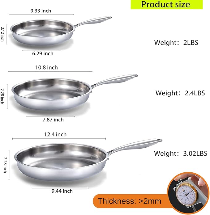 DELARLO Whole Body Tri-Ply Stainless Steel Frying Pan set, 8”/10”/12” Cooking pans, Kitchen Cookware Set, Fast Heating Chef's pan with Ergonomic Handles, Suitable for All Stove