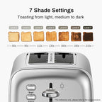 Toaster 2 Slice, Extra Wide Slot Toaster for Bagels, Bread, Waffles, 7 Shade Settings, 4 Main Functions, Removable Crumb Tray, 900 Watts Toasters, Brushed Stainless Steel