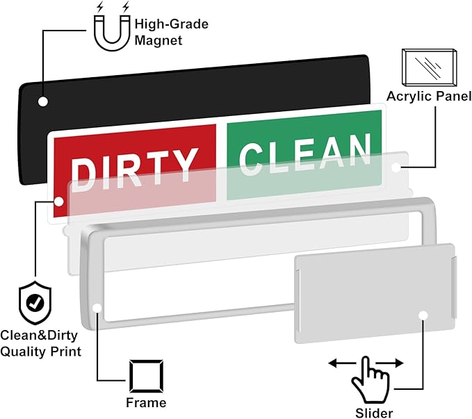 KitchenTour Clean Dirty Magnet for Dishwasher Upgrade Super Strong Magnet - Easy to Read Non-Scratch Magnetic Silver Indicator Sign with Clear, Bold & Colored Text Silver