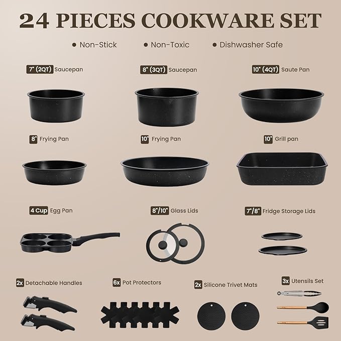 KIKCOIN 24 Pack Pots and Pans Set Non Stick, Detachable Handle Cookware Set, Induction RV Kitchen Cooking Set with Removable Handle, Frying Pans, Egg Pan - Dishwasher/Oven Safe, PFOA Free