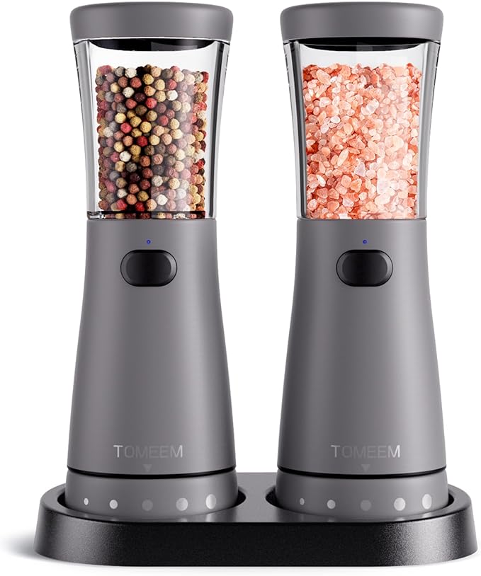 Electric Salt and Pepper Grinder Set with Storage Base, Stainless Steel Rechargeable Salt and Pepper Grinder Set with 4.5 oz Large Capacity, 1.8" Wide Mouth, Adjustable Coarseness, Ideal for Kitchen