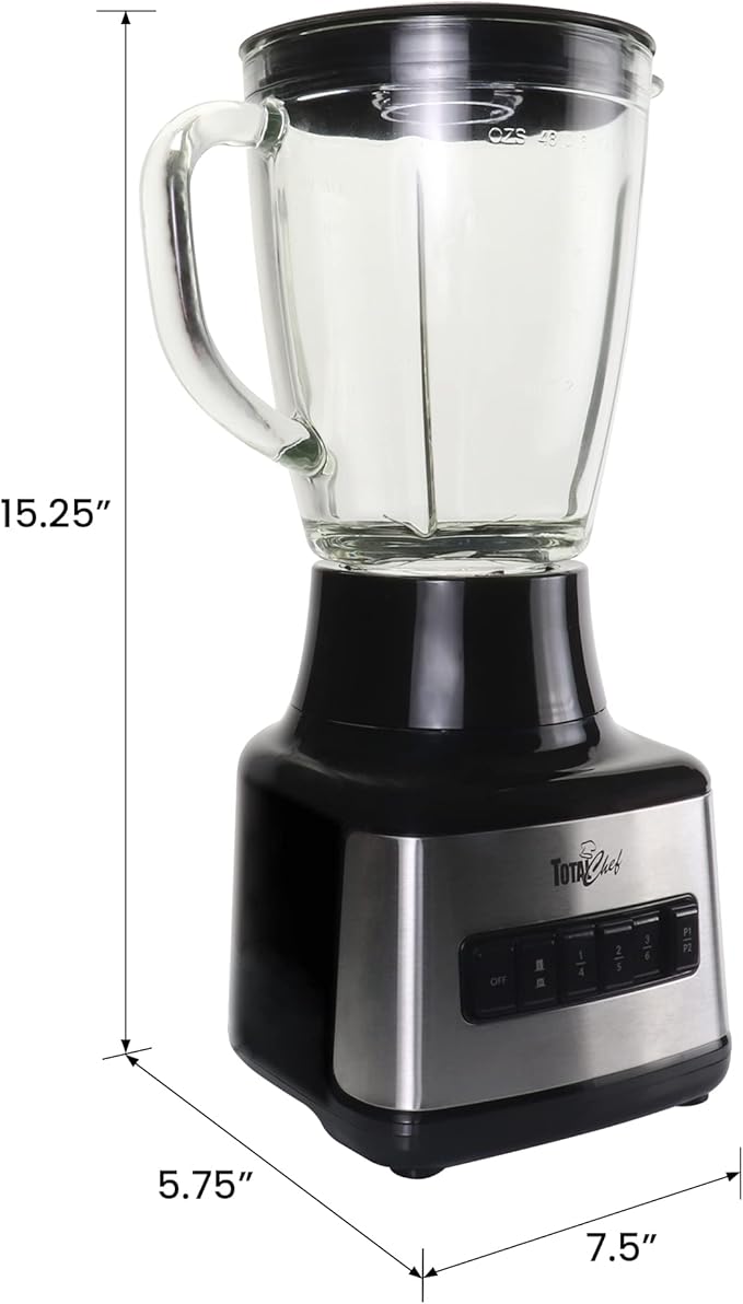 Total Chef Countertop Blender – Electric Mixer for Smoothies, Ice Crush & Pulse Function, Heavy Duty Glass Pitcher licuadora With 6 Speed, Kitchen Appliance, Dishwasher-Safe Jar, Black