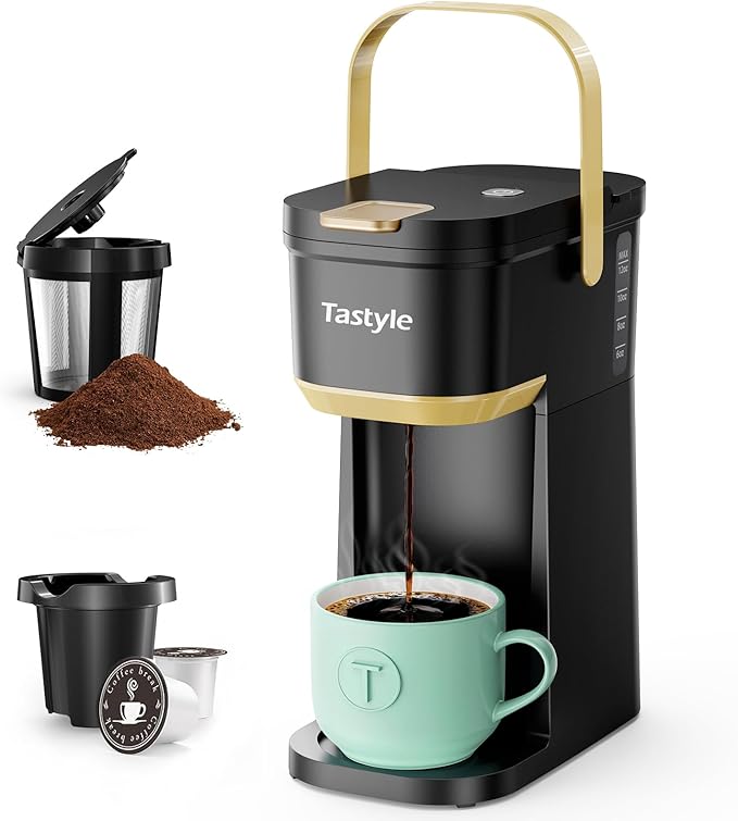 Tastyle Single Serve One Cup Coffee Maker, for K Cups and Grounds, Mini Coffee Maker with Portable Handle, 6 to 12 Oz Brew Size, for Travel, Camping, Office, RV and Dorm, 120V, Black and Gold