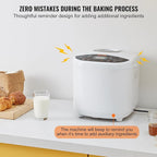 VEVOR Bread Maker, 19-in-1 2LB Dough Machine, Nonstick Ceramic Pan Automatic Breadmaker with Gluten Free Setting, Whole Wheat Bread Making, Digital, Programmable, 3 Loaf Sizes, 3 Crust Colors, White