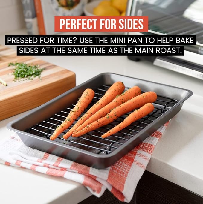 Chef Pomodoro Nonstick Carbon Steel Small Roasting Pan with Rack, Roasting Pan for Countertop Oven Baking, Single Serving, Grey (Mini)