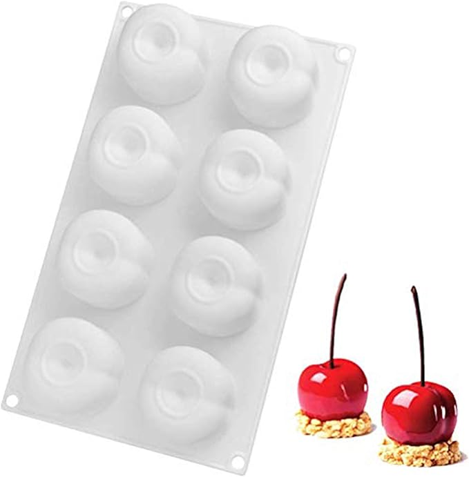 OCPO KITCHEN Cherry Silicone Mold for Baking Mousse Cake, Fruit French Dessert, Pastry, Chocolate, Cupcake, Ice Cream Mould, Cake Decoration Mold, 3D Cherry Shape (8-Cavity)