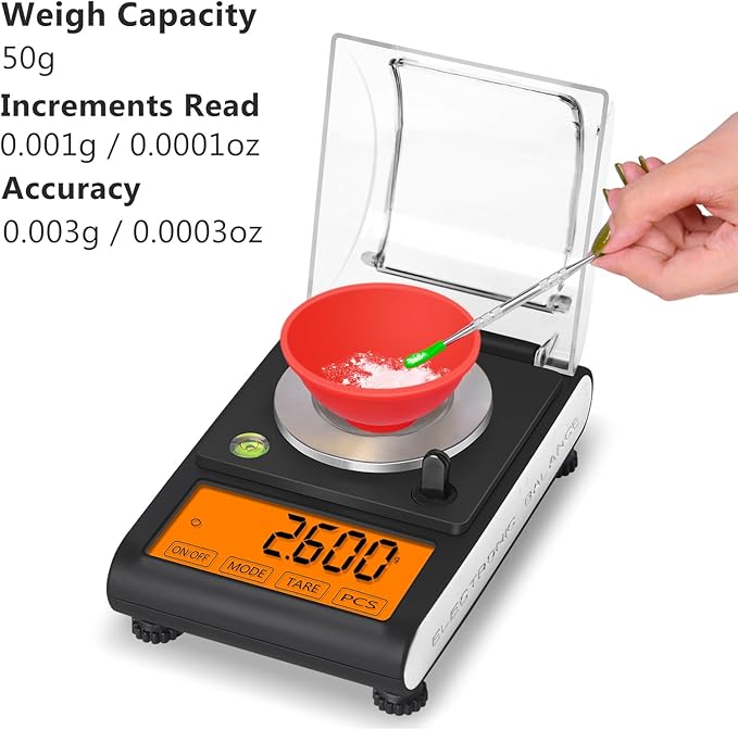 Fuzion Milligram Scale 50g/0.001g, Digital mg Scale with Calibration Weights, Jewelry Scale with Tweezers, Spoon, Bowl, Brush, Micro Scale for Powder, Gold, Herb, Large Display
