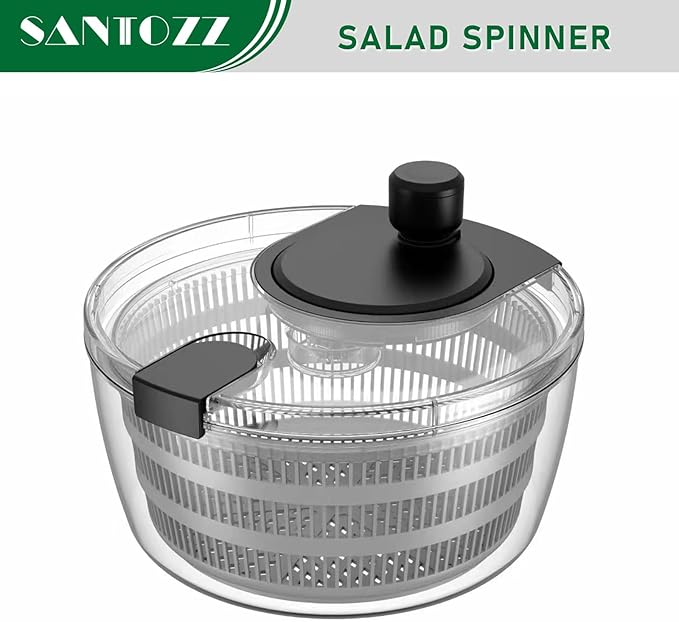 Santozz Rotary Salad Spinner with Bowl 4.2Qt, Lettuce Dryer, Vegetable Washer, Colander and Build in Draining System for Washing, Draining Vegetables, Greens and Fruits