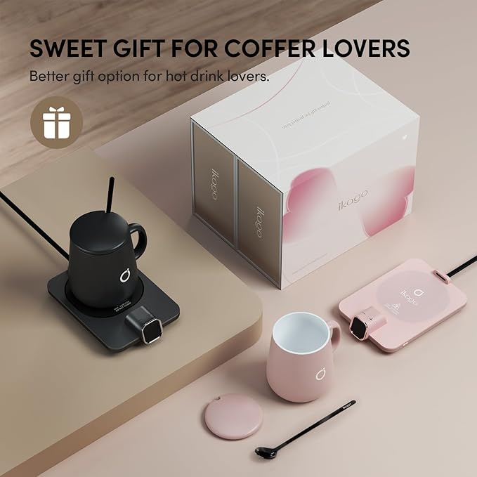 2Pcs Heated Coffee Mug Warmer & Mug Set - Heated Mug Warmer Plates with Auto Shut Off, 1°F Precise Electric Coffee Warmer Plates for Desk, Valentine's Day Gift for Couple, Dark Grey and Pink