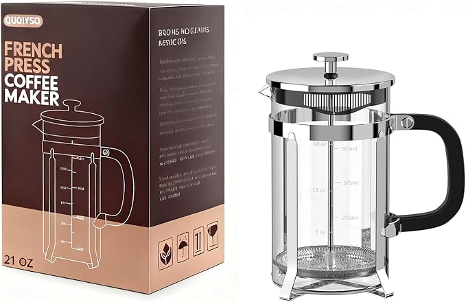 QUQIYSO French Press Coffee Maker 304 Stainless Steel French Press with 4 Filter, Heat Resistant Durable, Easy to Clean, Borosilicate Glass Coffee Press, 100% BPA Free Glass Teapot, 21 ounce, Silver