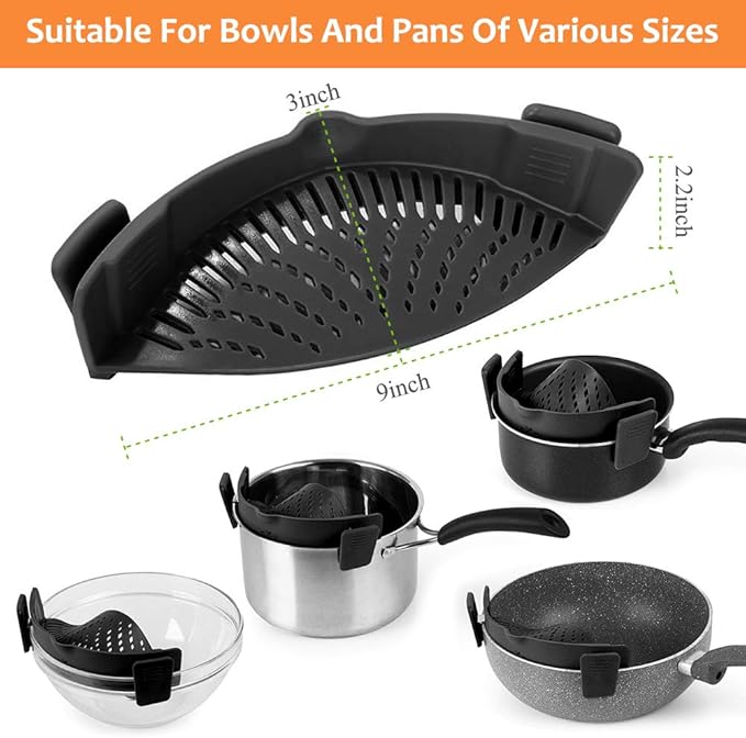 YEVIOR Clip on Strainer for Pots Pan Pasta Strainer, Silicone Food Strainer Hands-Free Pan Strainer, Clip-on Kitchen Food Strainer for Spaghetti, Pasta, Ground Beef Fits All Bowls and Pots (Black)