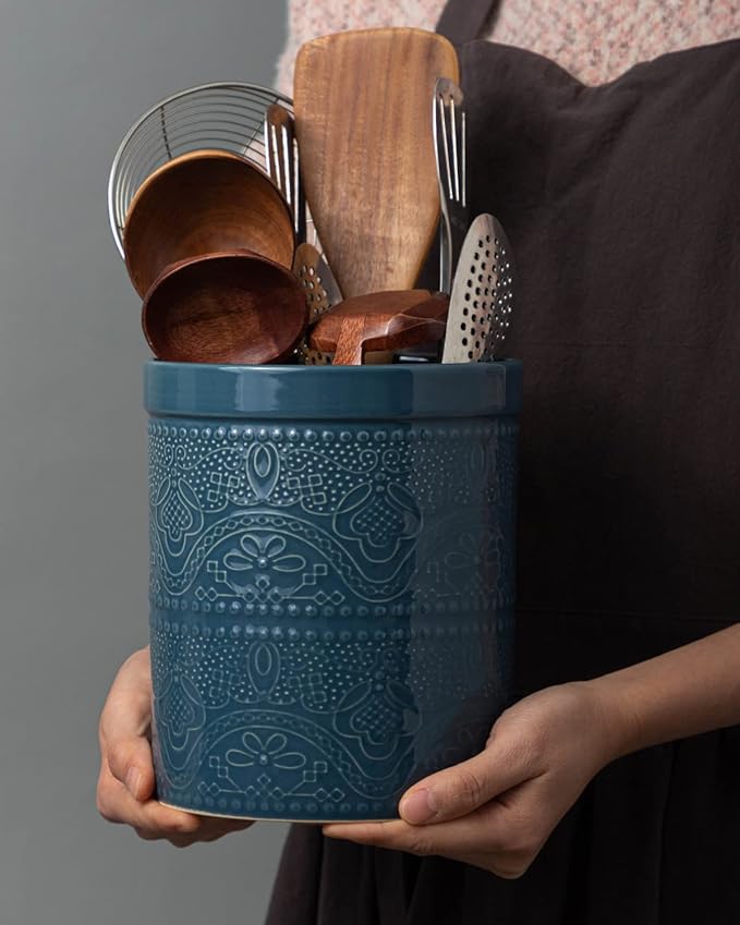 Fun Elements Kitchen Utensil Holder, 7.2" Super Large Utensil Crock Heavy and Stable Lace Emboss Ceramic Utensil Holder for Kitchen Counter (Grayish Blue)