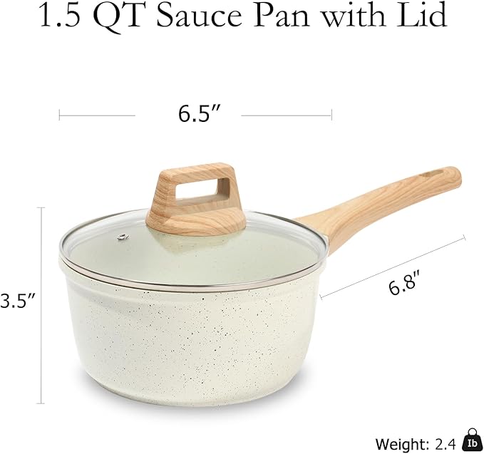 ESLITE LIFE Nonstick Sauce Pan with Lid, 1.5 QT Small Soup Pot Compatible with All Stovetops (Gas, Electric & Induction), PFOA Free, White