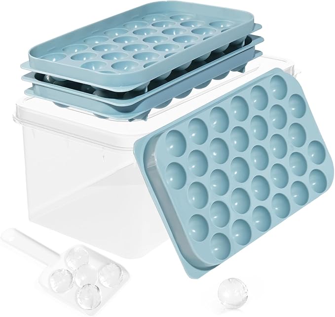 Ice Cube Trays with Lid and Bin, 0.8 IN Small Round Ice Cube Mold - Easy Release Stackable Ice Ball Maker for Cocktail,Whiskey and Drinks, BPA-Free(0.8in/64 balls&box)