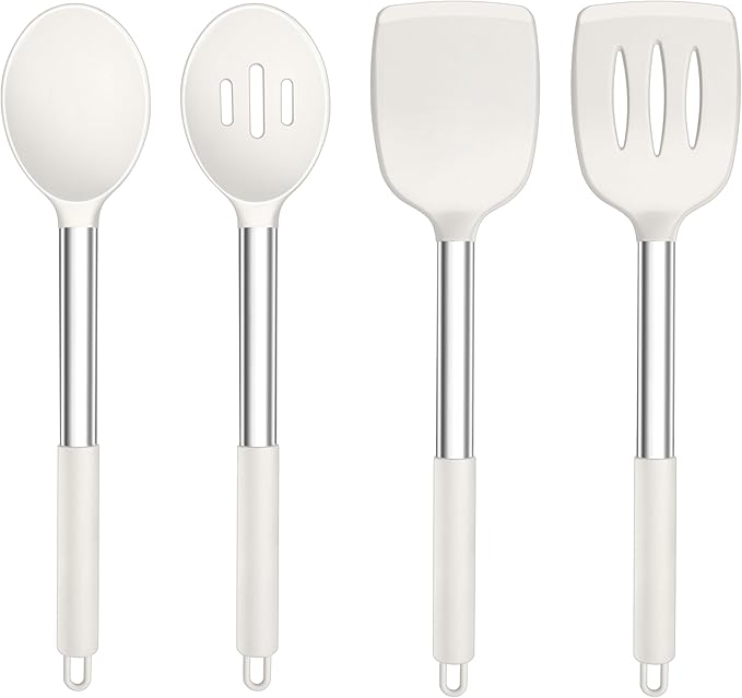 TeamFar Kitchen Utensils, 4 PCS Silicone Cooking Utensils with Stainless Steel Handle, for Nonstick Cookware Frying/Flipping/Draining, Non-toxic & Heat-proof, Non-scratch & Dishwasher Safe