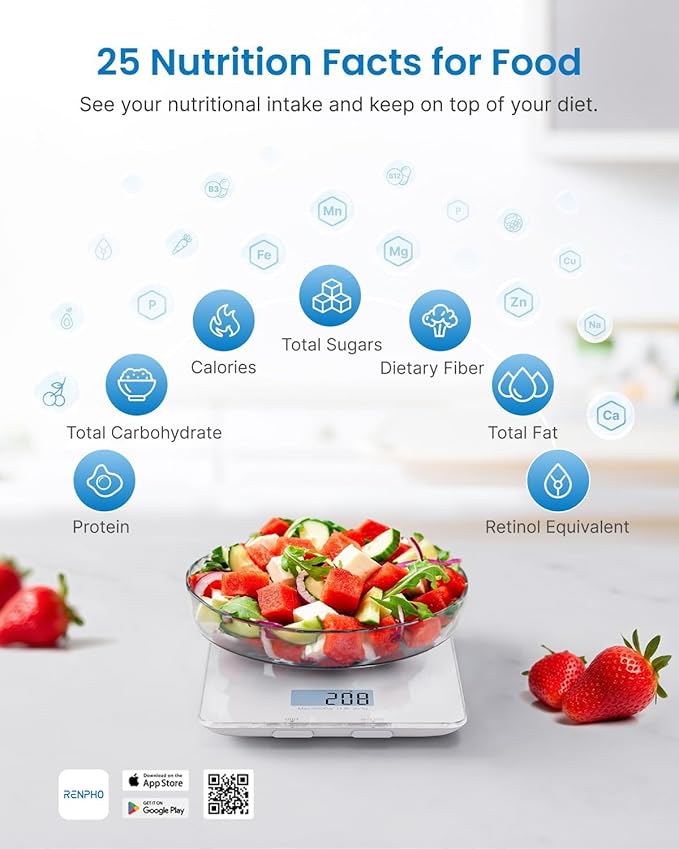 RENPHO Food Scale with Nutritional Calculator, Digital Kitchen Scale for Weight Loss, Smart Food Weight Scale with App for Macro Keto Calorie Cooking, Grams and Ounces, White, 11lb/5kg