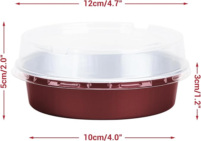 Beasea Disposable Mini Pie Tins with Lids, 50 Pack 4” 7.3oz 215ml Small Round Aluminum Baking Tart Foil Container for Individual Dessert Cupcake Cheesecake Ramekin Quiche Oven Dishes - Wine Red