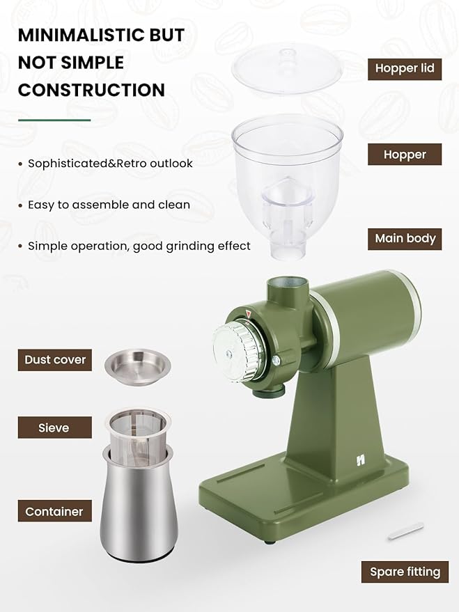 Huanyu Electric Coffee Bean Grinder 250G Commercial&Home Milling Grinding Machine 200W Automatic Burr Grinder Professional Miller 8 Fine - Coarse Grind Size Settings (Green)
