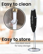 Milk Frother Wand & Electric Stirrer with Stand - Turbo Coffee & Milk Frother Handheld - Hand Held Coffee Mixer Wand & Cold Foam Maker for Frothy Cappuccinos, Lattes & Drink Mixes at Home (Black)