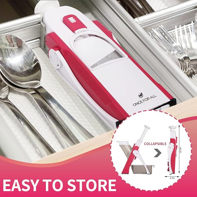 ONCE FOR ALL Safe Mandoline Slicer 5 in 1 Vegetable Cutter, Strips Julienne Dicer Adjustable Thickness 0.1-8 mm for Kitench Fast Meal Prep (Red)