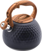 Tea Kettle Stovetop, 3.2 Qt Stainless Steel Whistling Kettle for Stove Top, Food Grade Teapot with Wood Pattern Handle for Coffee, Milk etc, Gas Electric Applicable (Black)