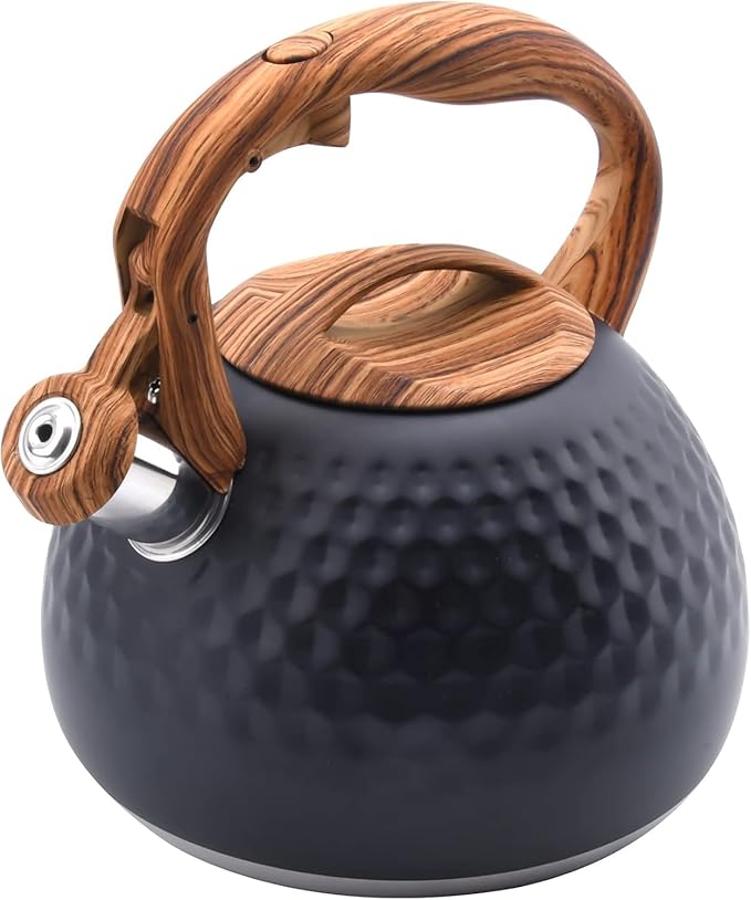 Tea Kettle Stovetop, 3.2 Qt Stainless Steel Whistling Kettle for Stove Top, Food Grade Teapot with Wood Pattern Handle for Coffee, Milk etc, Gas Electric Applicable (Black)